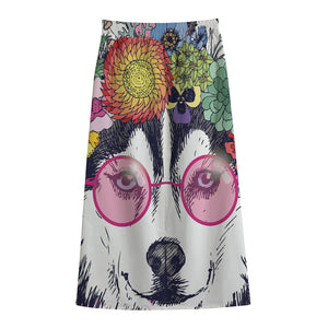 Hippie Siberian Husky Print Cotton Front Slit Maxi Skirt