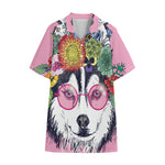Hippie Siberian Husky Print Cotton Hawaiian Shirt