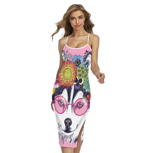Hippie Siberian Husky Print Cross Back Cami Dress