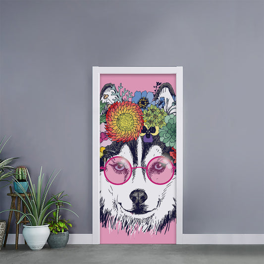 Hippie Siberian Husky Print Door Sticker