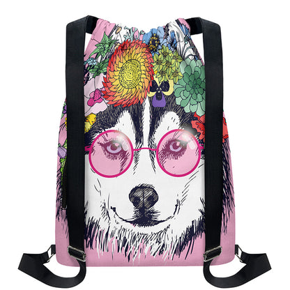 Hippie Siberian Husky Print Drawstring Backpack