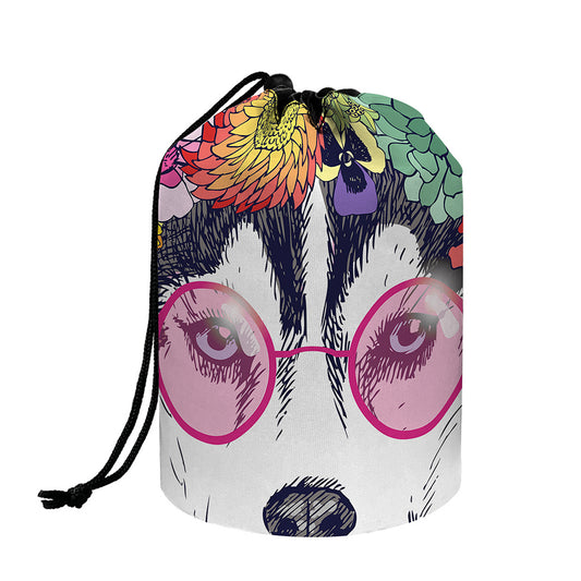 Hippie Siberian Husky Print Drawstring Makeup Bag