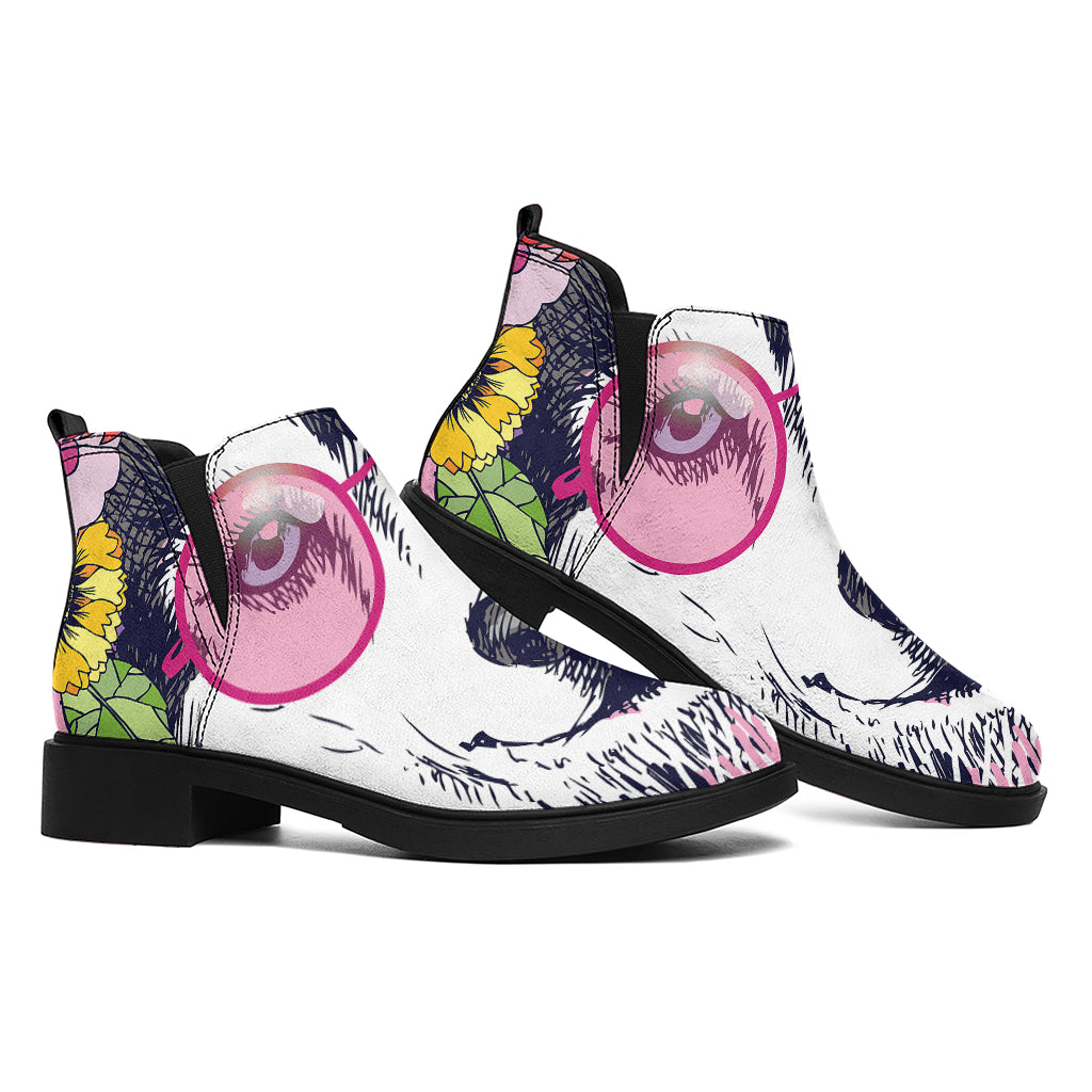 Hippie Siberian Husky Print Flat Ankle Boots