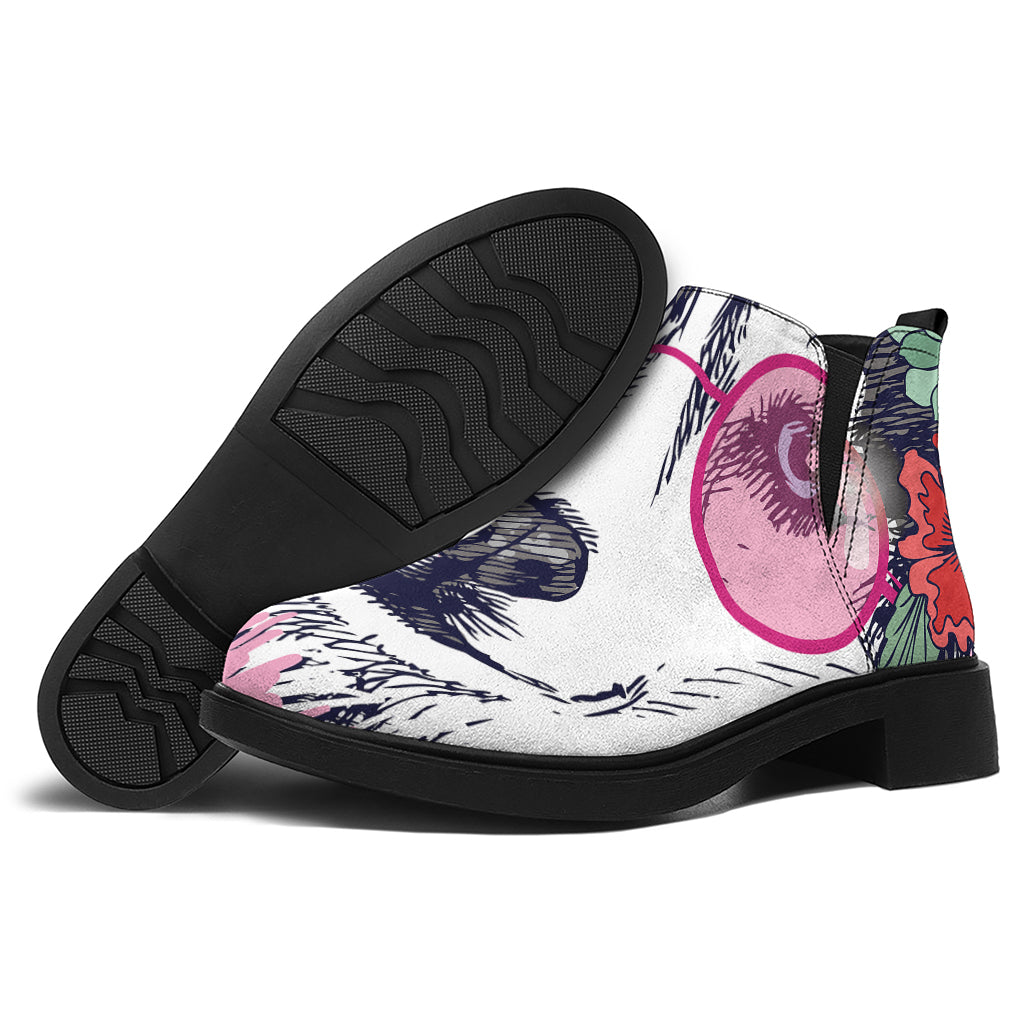 Hippie Siberian Husky Print Flat Ankle Boots