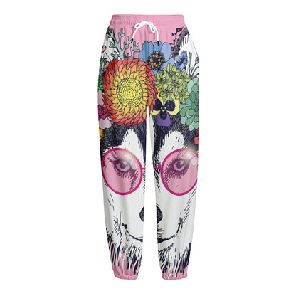 Hippie Siberian Husky Print Fleece Lined Knit Pants