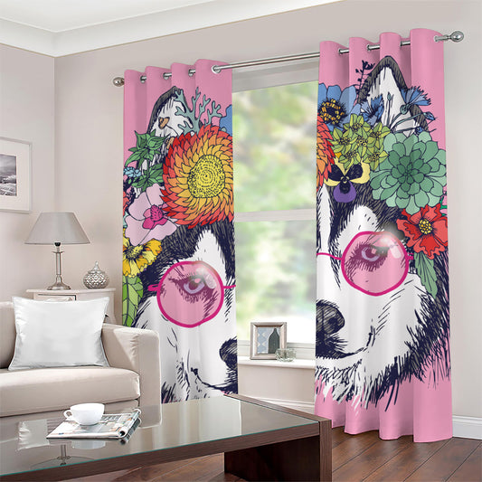 Hippie Siberian Husky Print Grommet Curtains