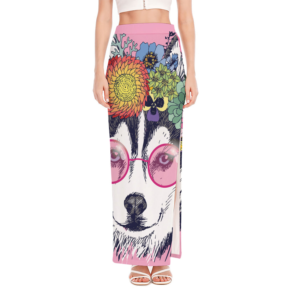 Hippie Siberian Husky Print High Slit Maxi Skirt