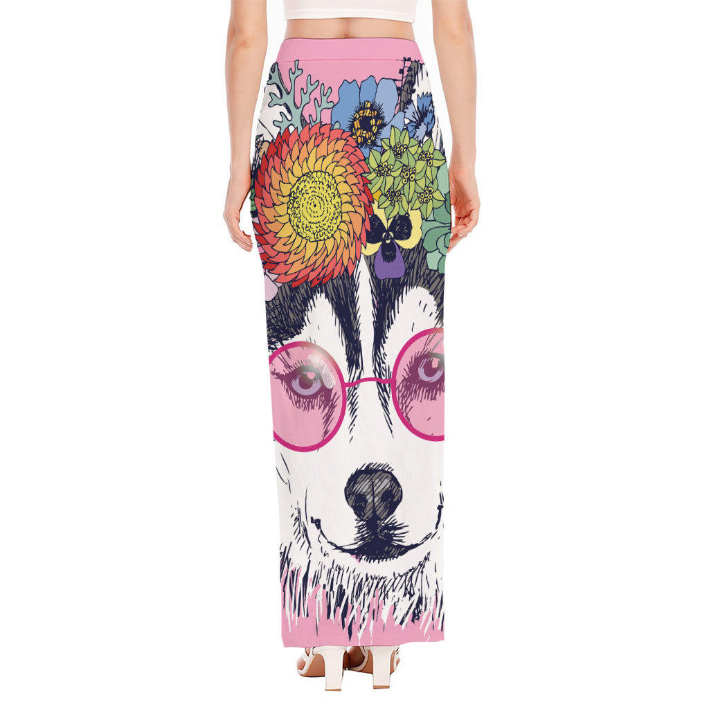 Hippie Siberian Husky Print High Slit Maxi Skirt