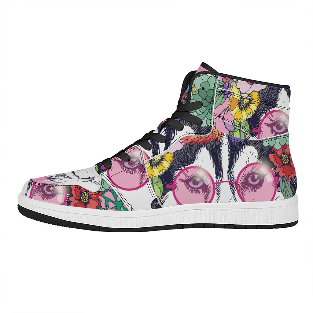 Hippie Siberian Husky Print High Top Leather Sneakers