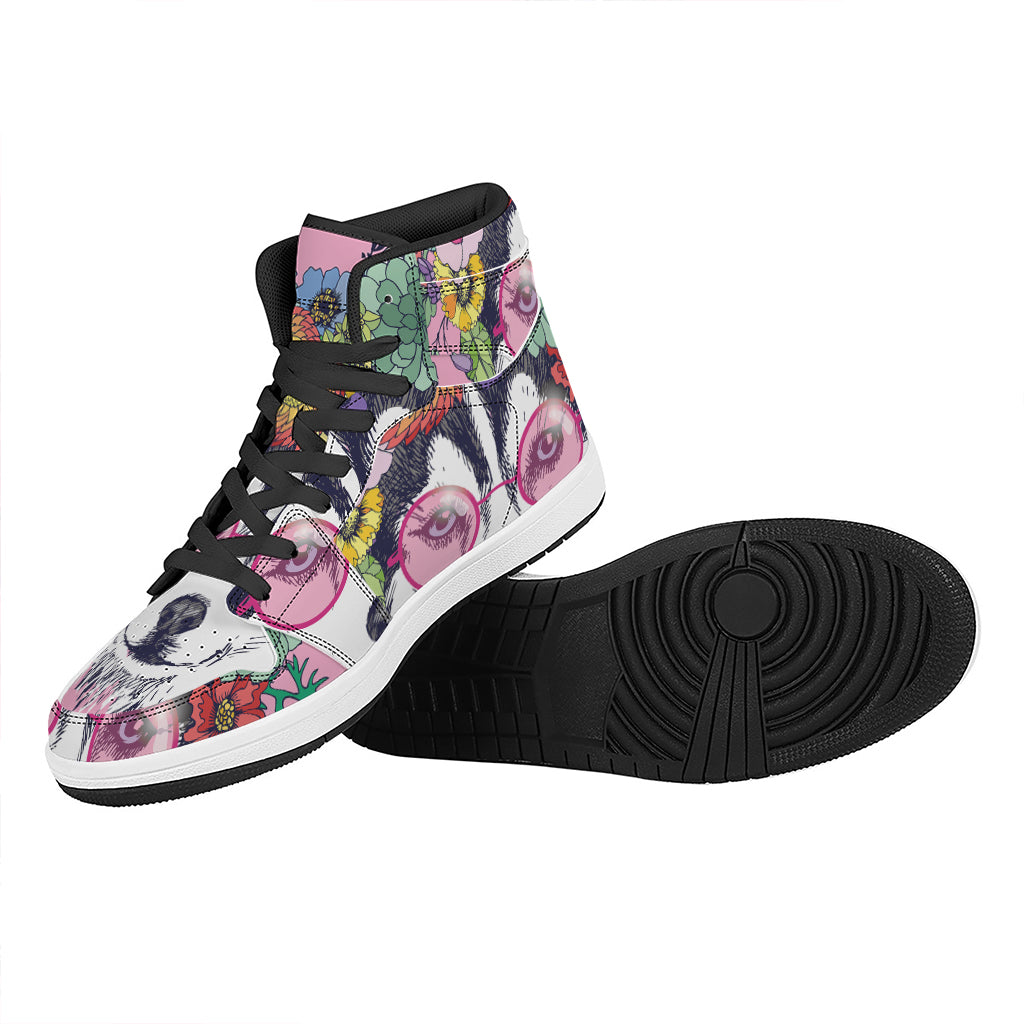 Hippie Siberian Husky Print High Top Leather Sneakers