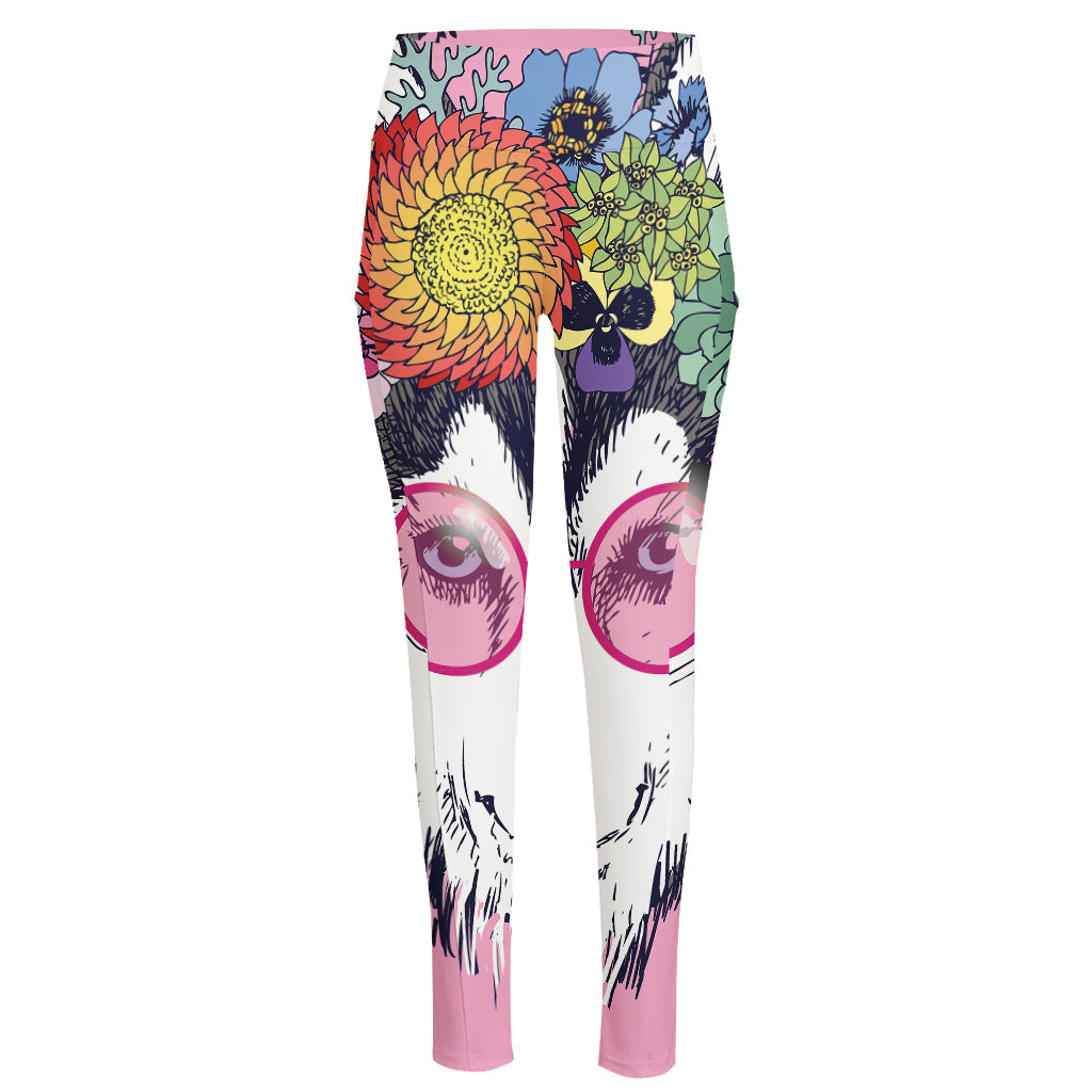 Hippie Siberian Husky Print High-Waisted Pocket Leggings