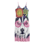 Hippie Siberian Husky Print Jersey Midi Cami Dress