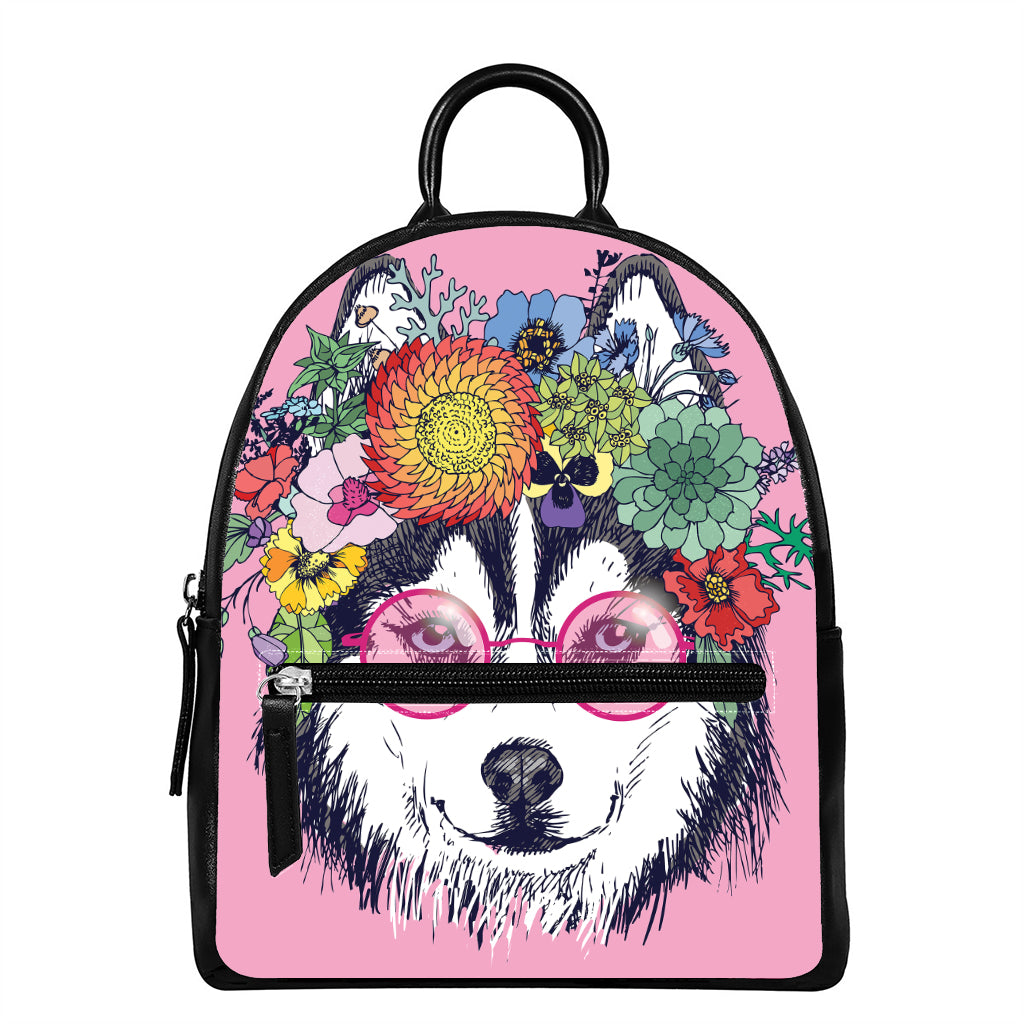 Hippie Siberian Husky Print Leather Backpack