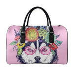 Hippie Siberian Husky Print Leather Duffle Bag