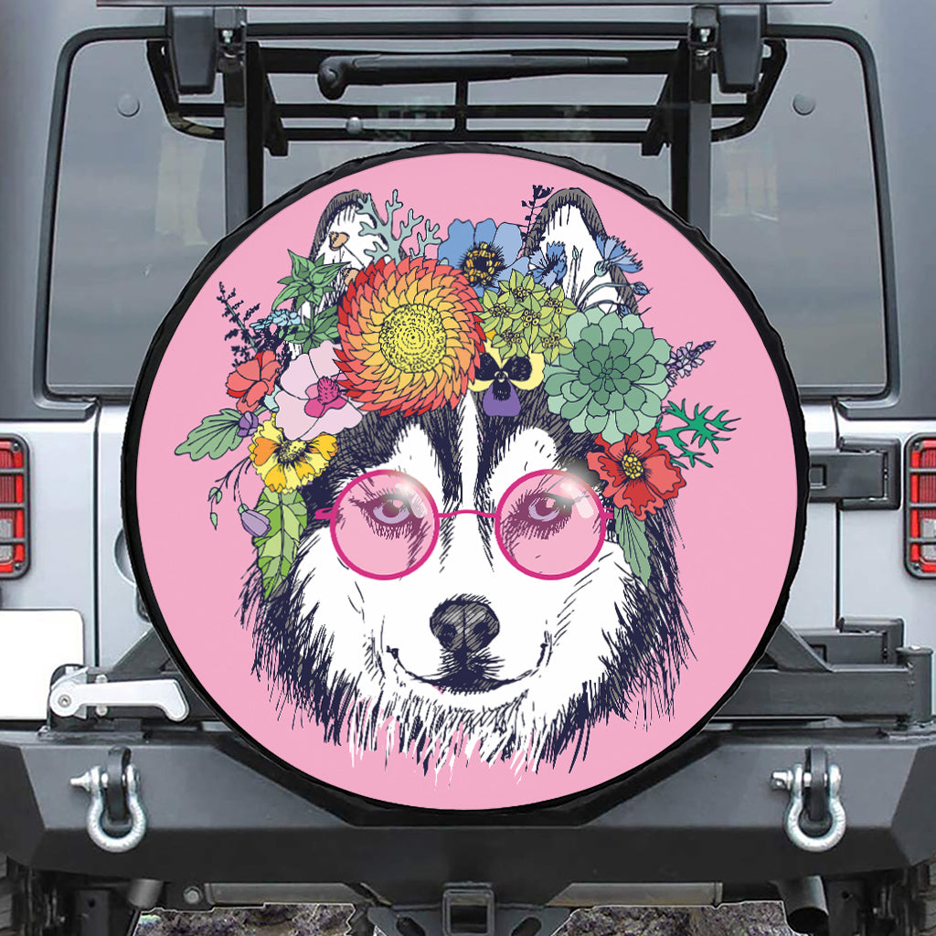 Hippie Siberian Husky Print Leather Spare Tire Cover
