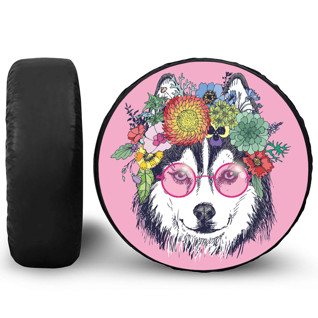 Hippie Siberian Husky Print Leather Spare Tire Cover