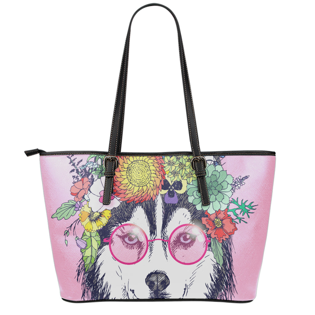 Hippie Siberian Husky Print Leather Tote Bag
