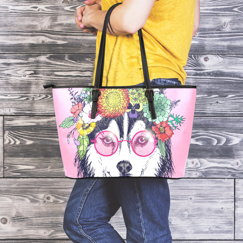 Hippie Siberian Husky Print Leather Tote Bag