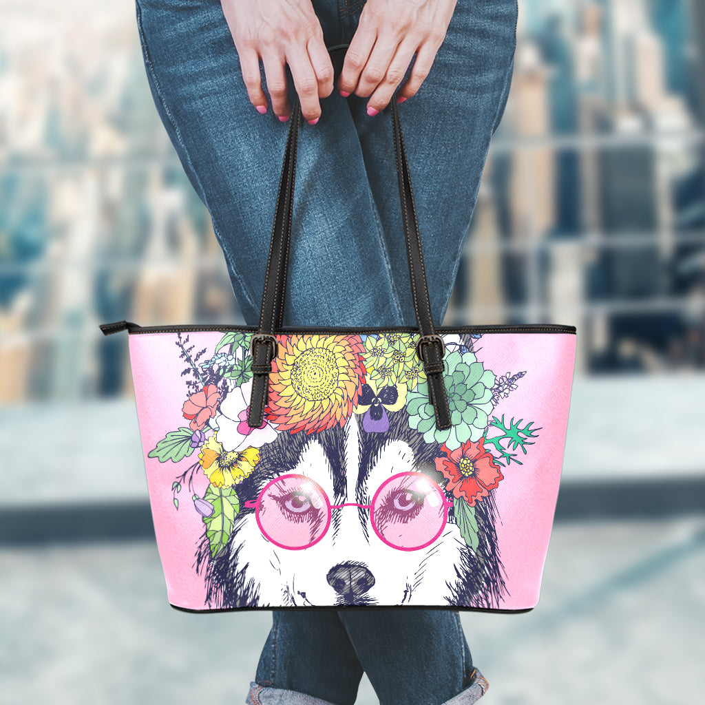 Hippie Siberian Husky Print Leather Tote Bag