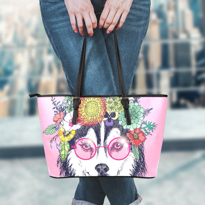 Hippie Siberian Husky Print Leather Tote Bag