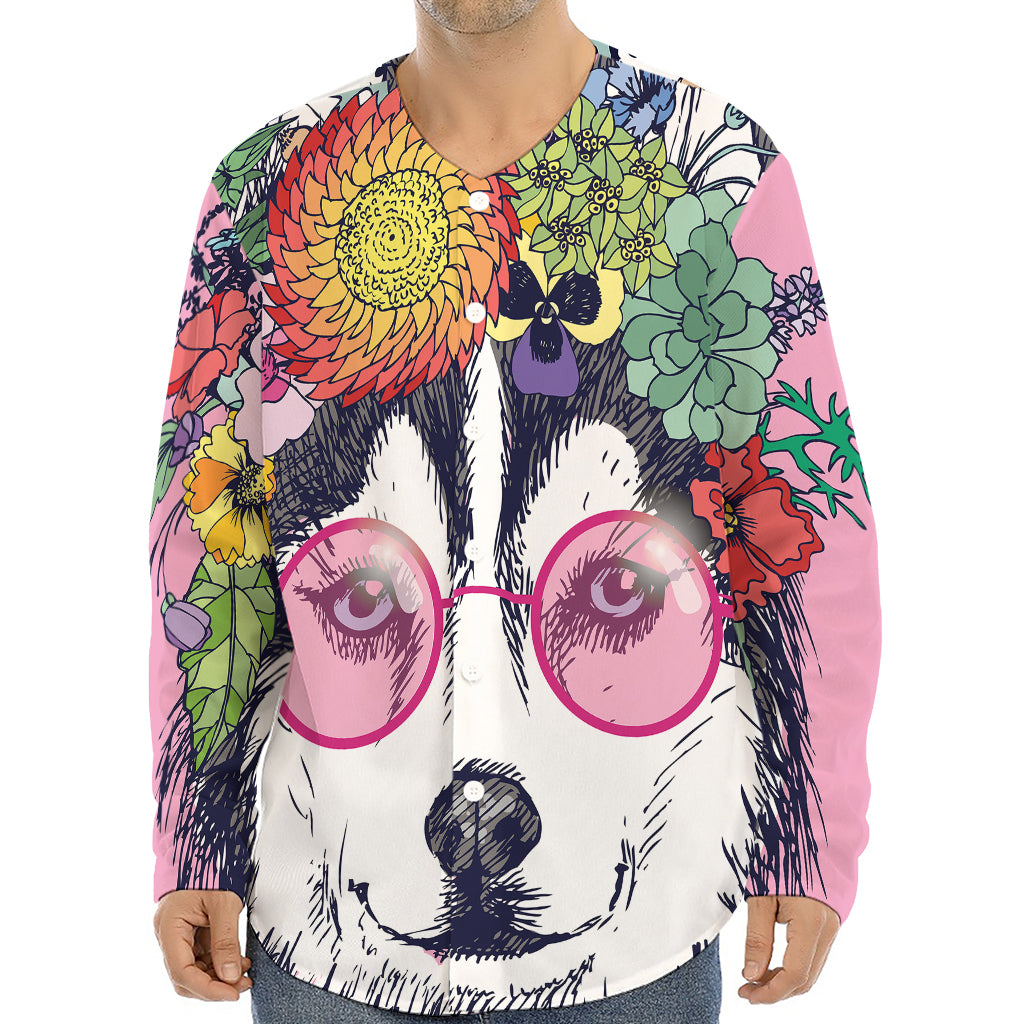 Hippie Siberian Husky Print Long Sleeve Baseball Jersey