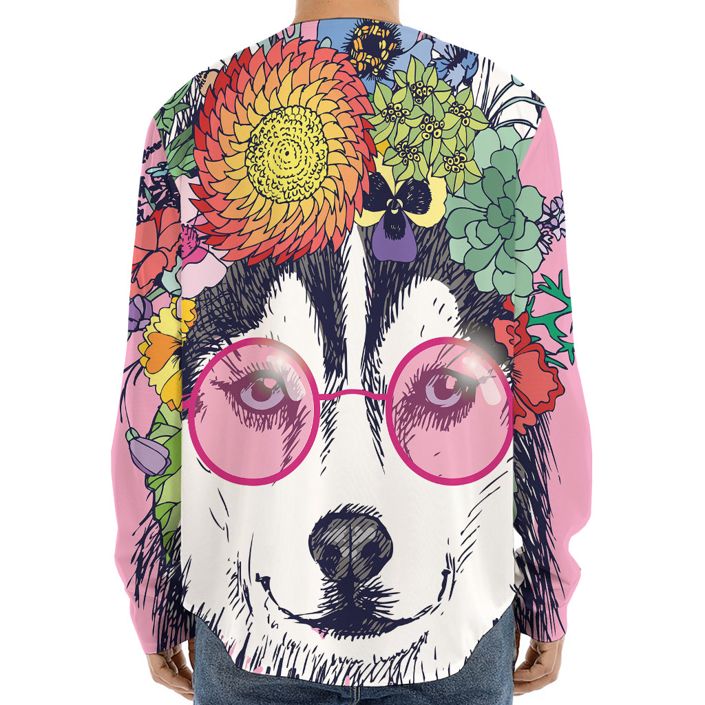 Hippie Siberian Husky Print Long Sleeve Baseball Jersey