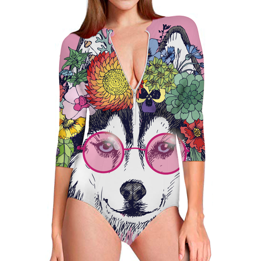 Hippie Siberian Husky Print Long Sleeve Swimsuit