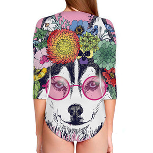 Hippie Siberian Husky Print Long Sleeve Swimsuit