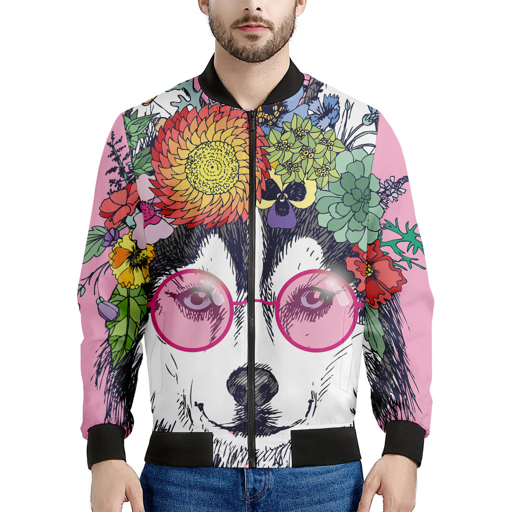 Hippie Siberian Husky Print Men's Bomber Jacket