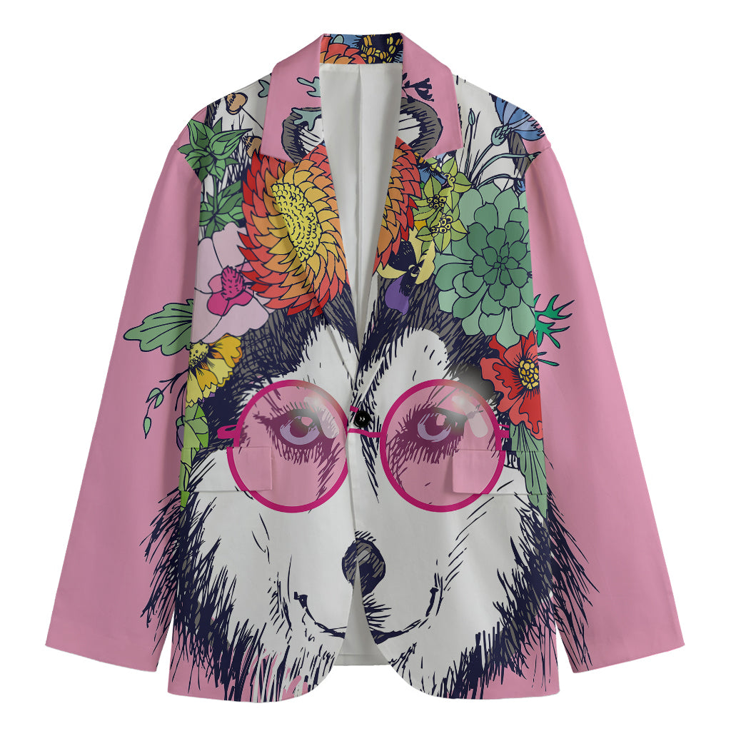 Hippie Siberian Husky Print Men's Cotton Blazer