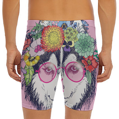 Hippie Siberian Husky Print Men's Long Boxer Briefs