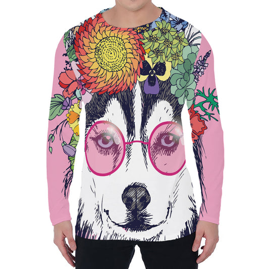 Hippie Siberian Husky Print Men's Long Sleeve T-Shirt