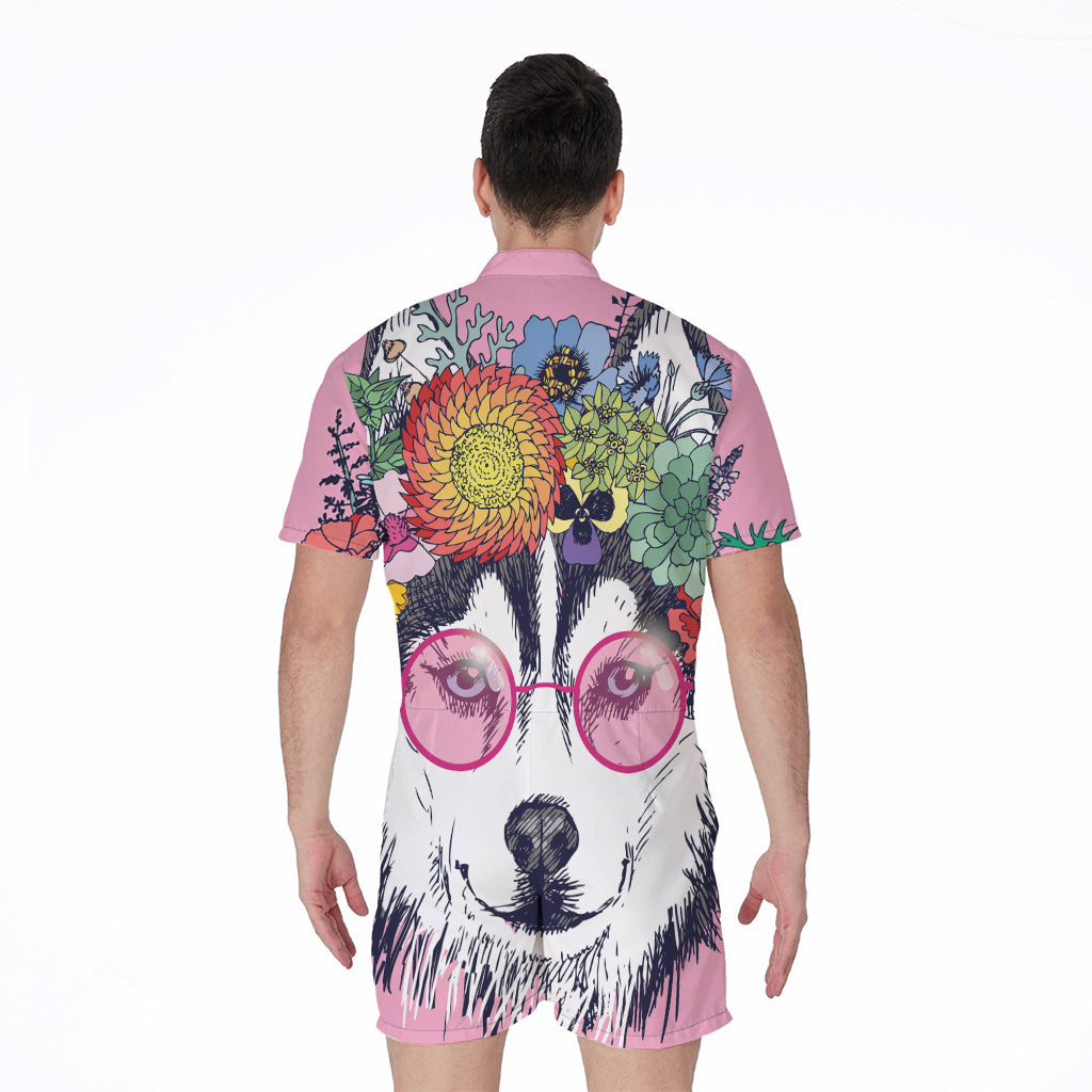 Hippie Siberian Husky Print Men's Rompers