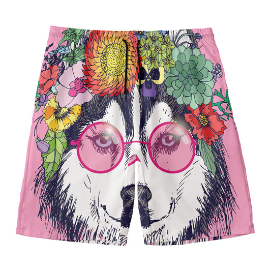 Hippie Siberian Husky Print Men's Swim Trunks