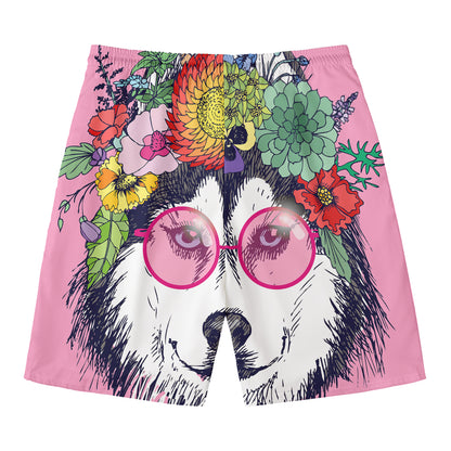 Hippie Siberian Husky Print Men's Swim Trunks