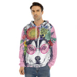 Hippie Siberian Husky Print Men's Velvet Pullover Hoodie