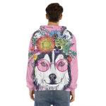 Hippie Siberian Husky Print Men's Velvet Pullover Hoodie