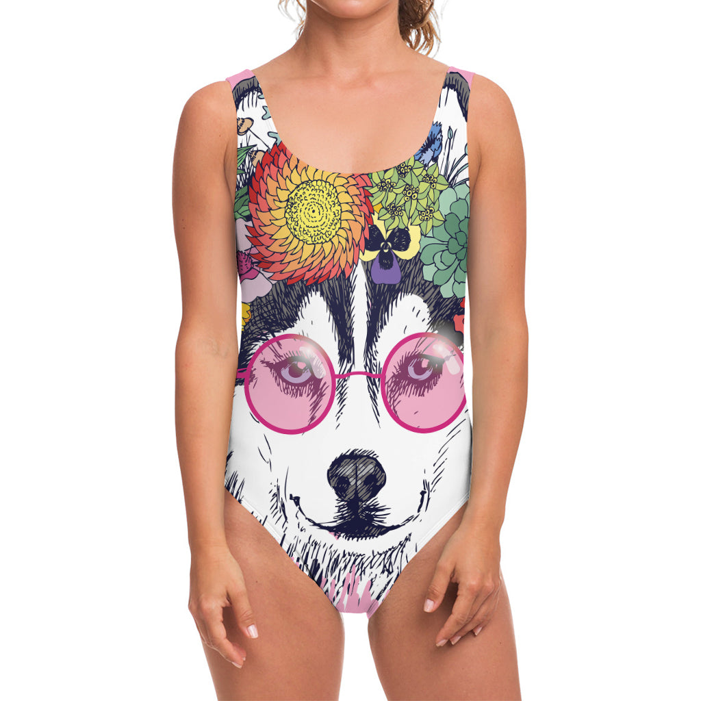 Hippie Siberian Husky Print One Piece Swimsuit