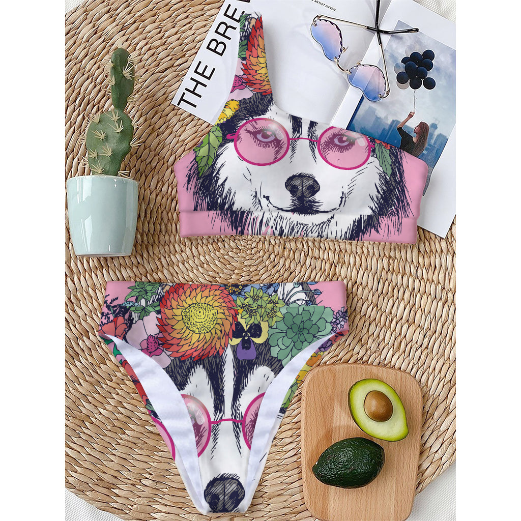 Hippie Siberian Husky Print One Shoulder Bikini Top