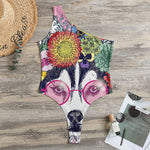 Hippie Siberian Husky Print One Shoulder Bodysuit