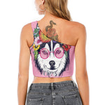 Hippie Siberian Husky Print One Shoulder Crop Top