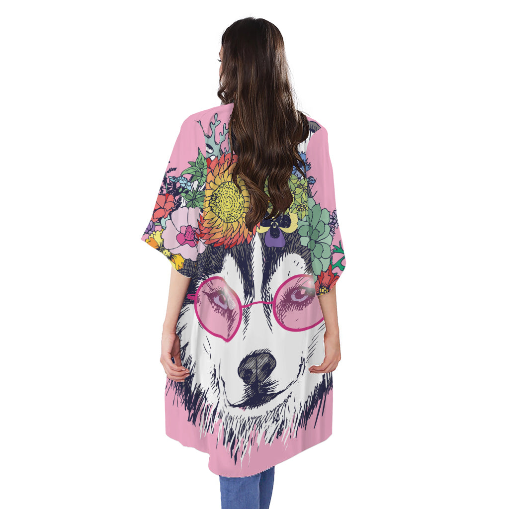 Hippie Siberian Husky Print Open Front Beach Cover Up