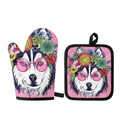 Hippie Siberian Husky Print Oven Mitt And Pot Holder Set