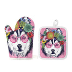 Hippie Siberian Husky Print Oven Mitt And Pot Holder Set