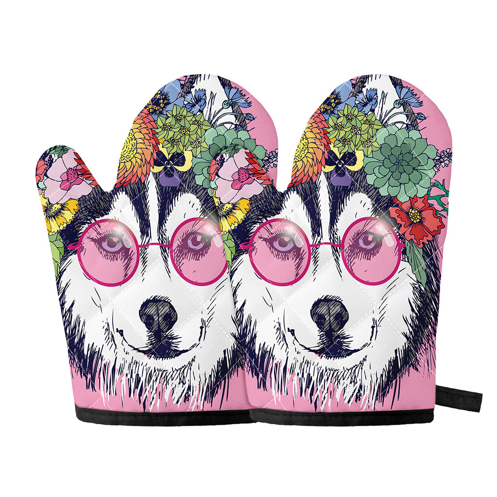 Hippie Siberian Husky Print Oven Mitts