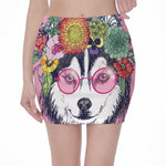 Hippie Siberian Husky Print Pencil Mini Skirt