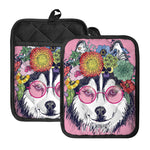 Hippie Siberian Husky Print Pot Holders With Pocket