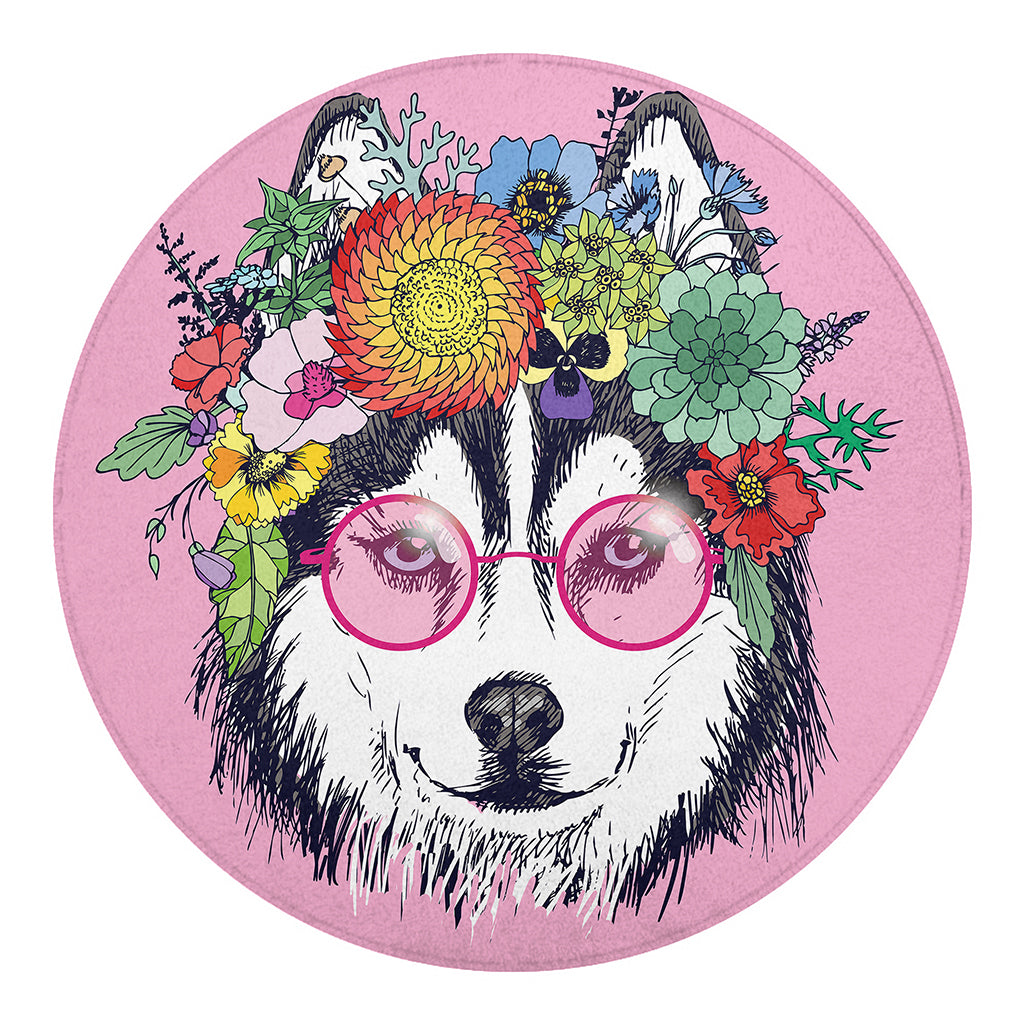 Hippie Siberian Husky Print Round Blanket