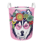 Hippie Siberian Husky Print Round Laundry Basket