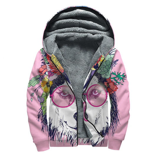 Hippie Siberian Husky Print Sherpa Lined Zip Up Hoodie